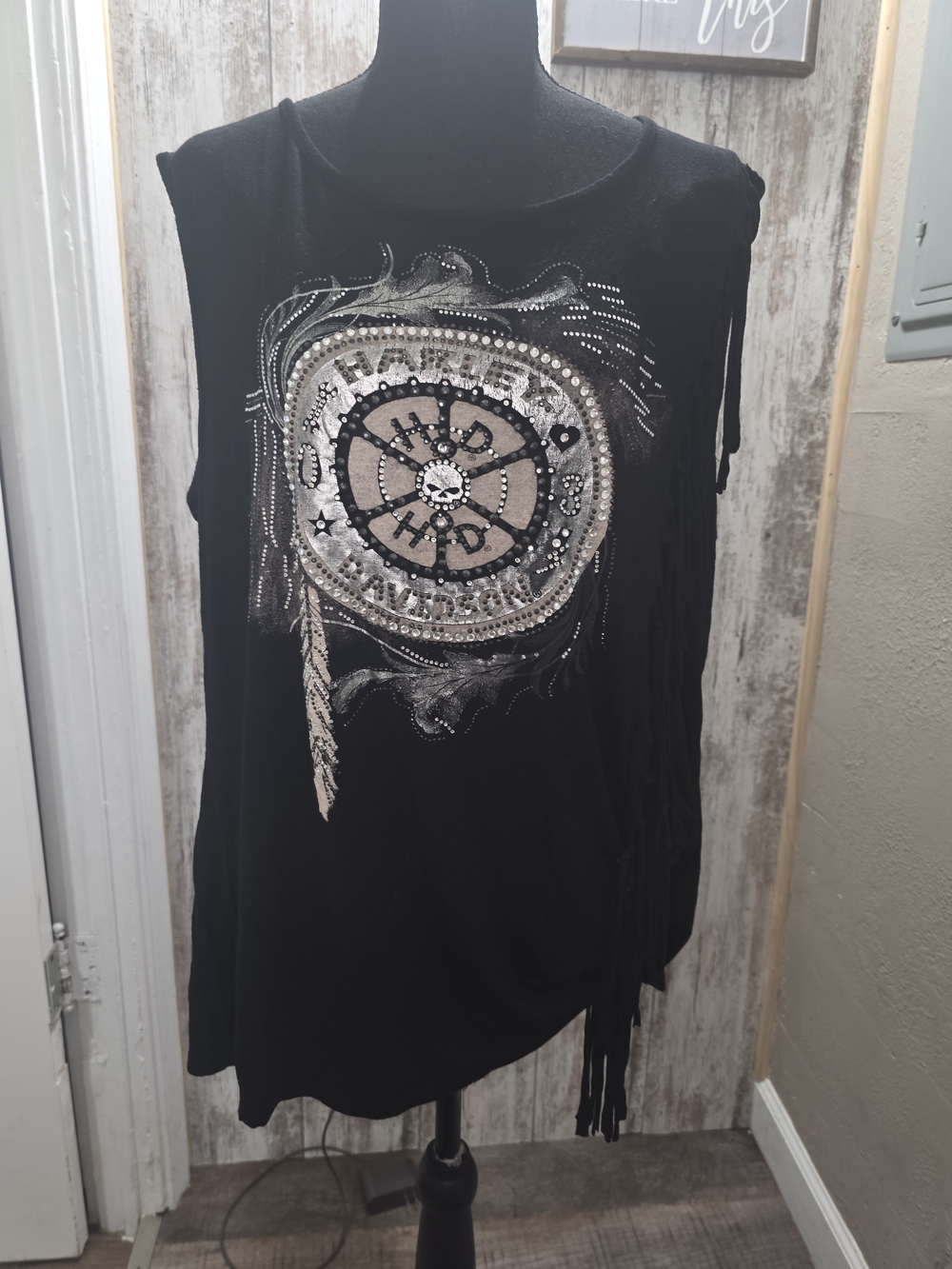 Harley-Davidson Black Sleeveless Fringe Tank with Metallic Circular Graphic